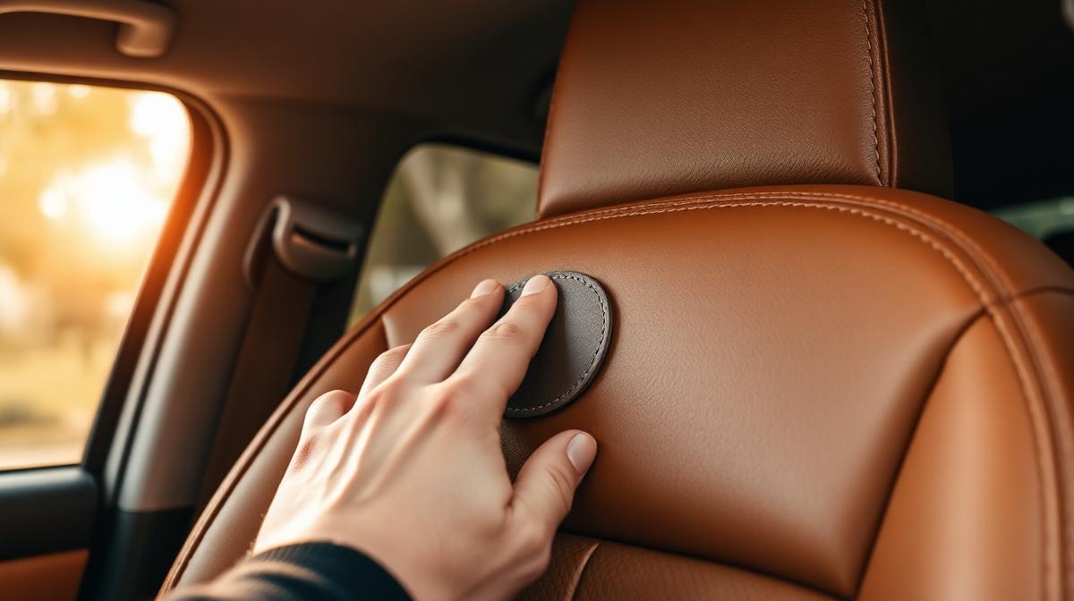 Autositz Leder reparieren – selbstklebender Lederflicken wird auf Autositz aufgebracht