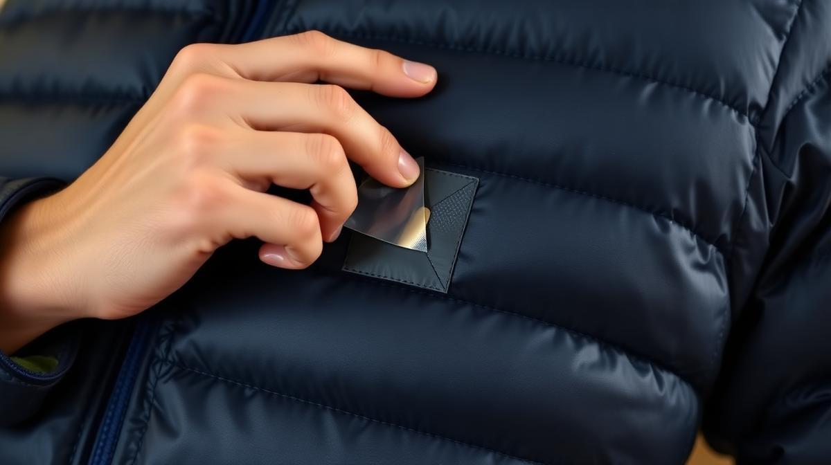 Loch in Daunenjacke reparieren – Nahaufnahme von selbstklebendem Flicken auf Jacke