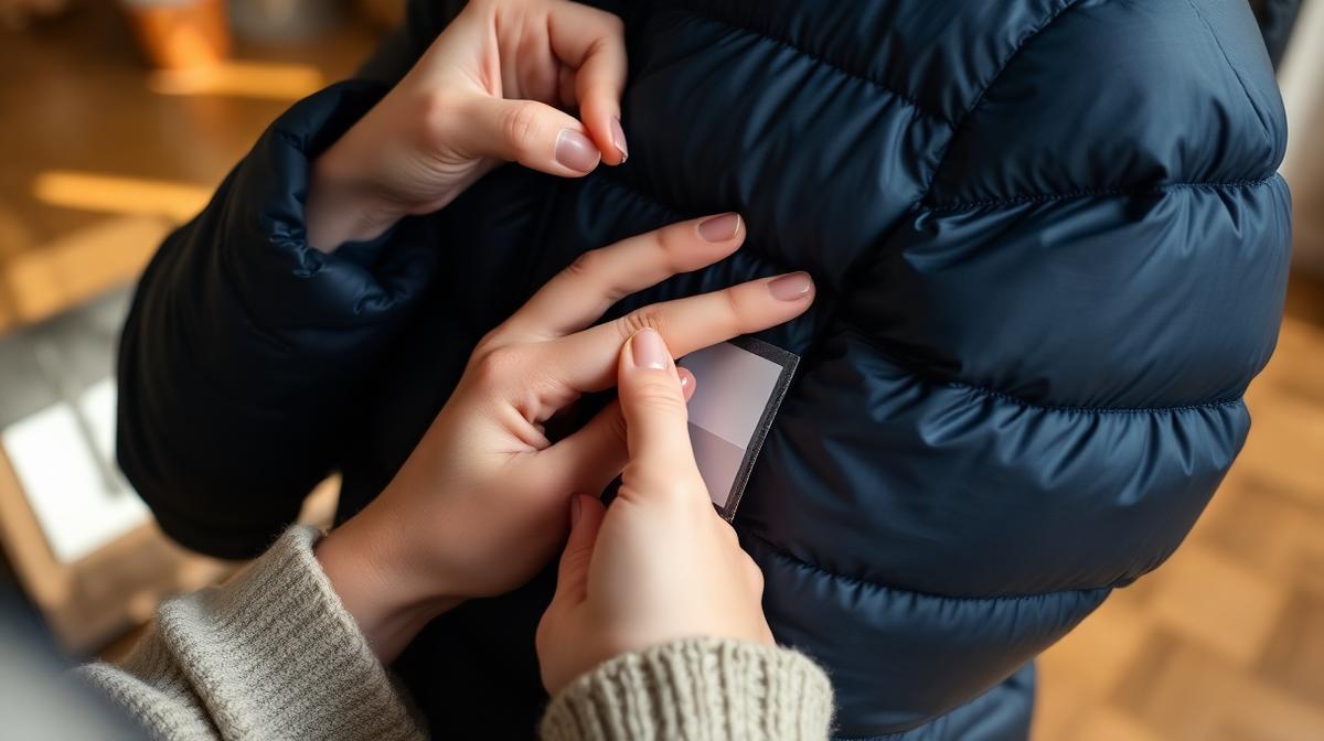 Daunenjacke reparieren – Frau klebt selbstklebenden Flicken auf Riss in Jacke