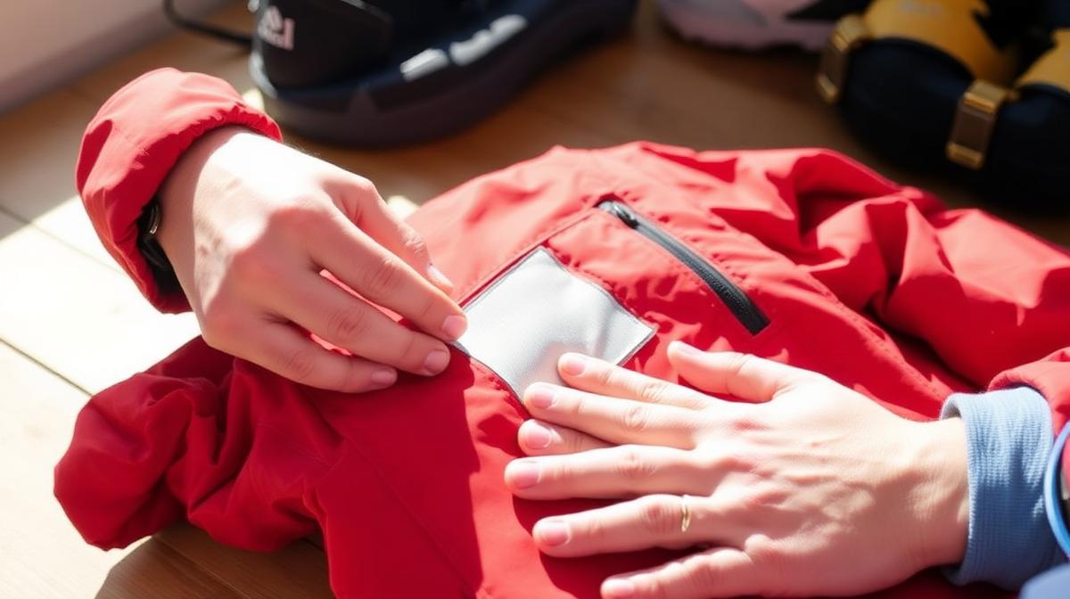 Gore-Tex reparieren – selbstklebender Flicken wird auf Gore-Tex-Jacke aufgebracht