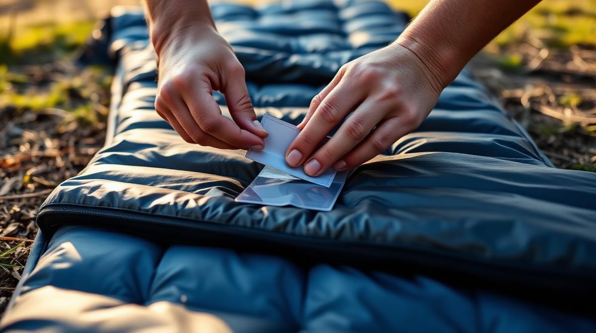 Isomatte reparieren – selbstklebender Flicken wird auf undichte Isomatte geklebt