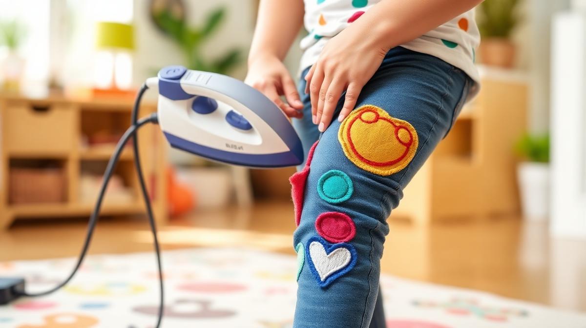 Kinderhose flicken – bunte Bügelflicken auf Kinderhose am Knie