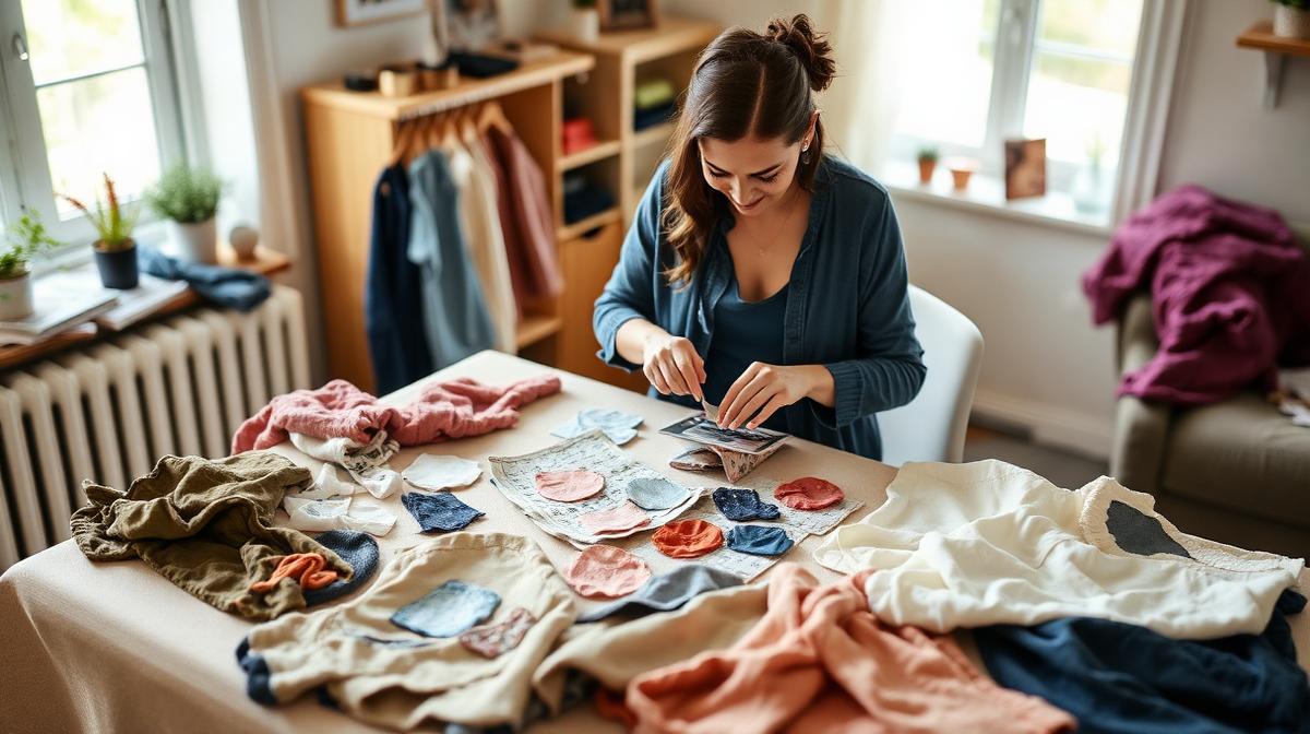 Kleidung reparieren – Frau repariert verschiedene Kleidungsstücke mit Flicken zu Hause