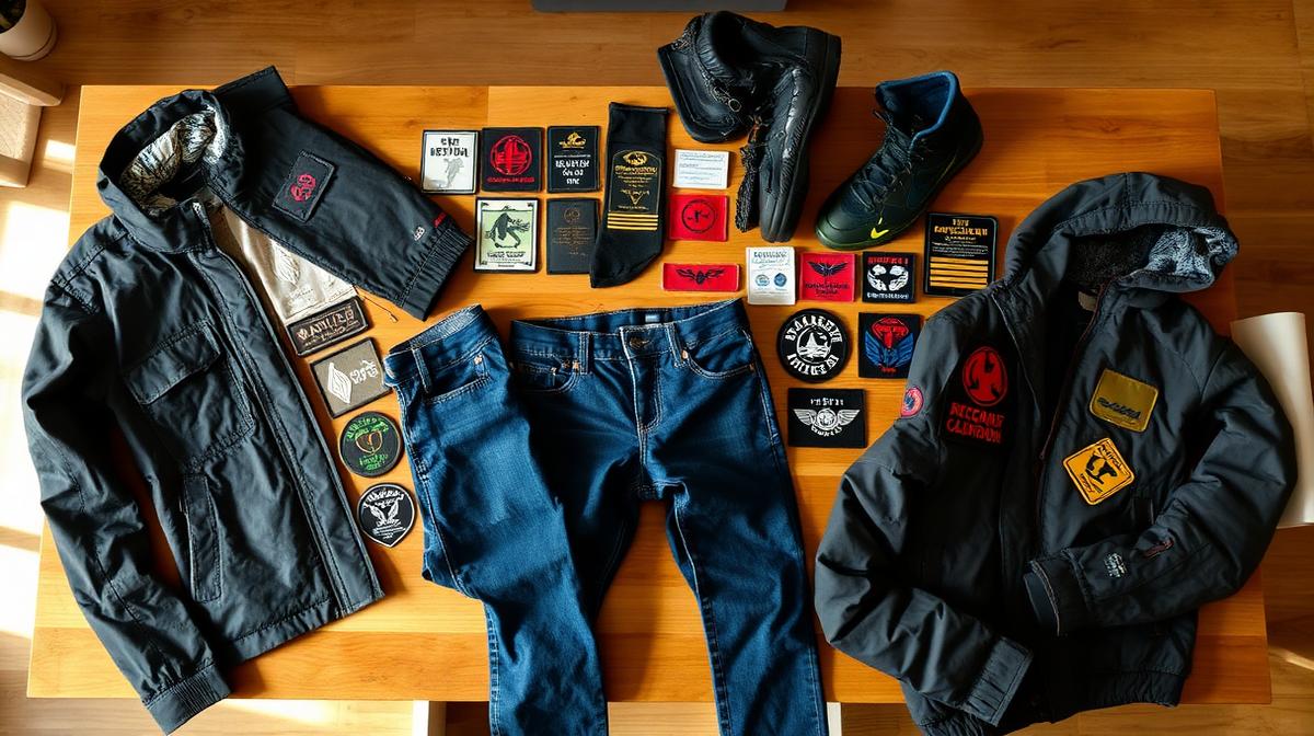 Kleidung reparieren ohne Nähen – verschiedene Reparaturflicken auf unterschiedlichen Kleidungsstücken