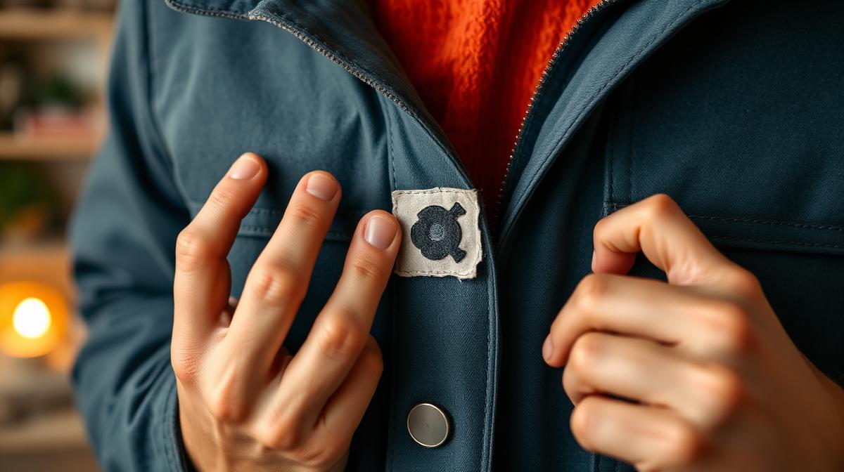 Loch in Jacke reparieren – Flicken wird auf kleines Loch in Alltagsjacke geklebt