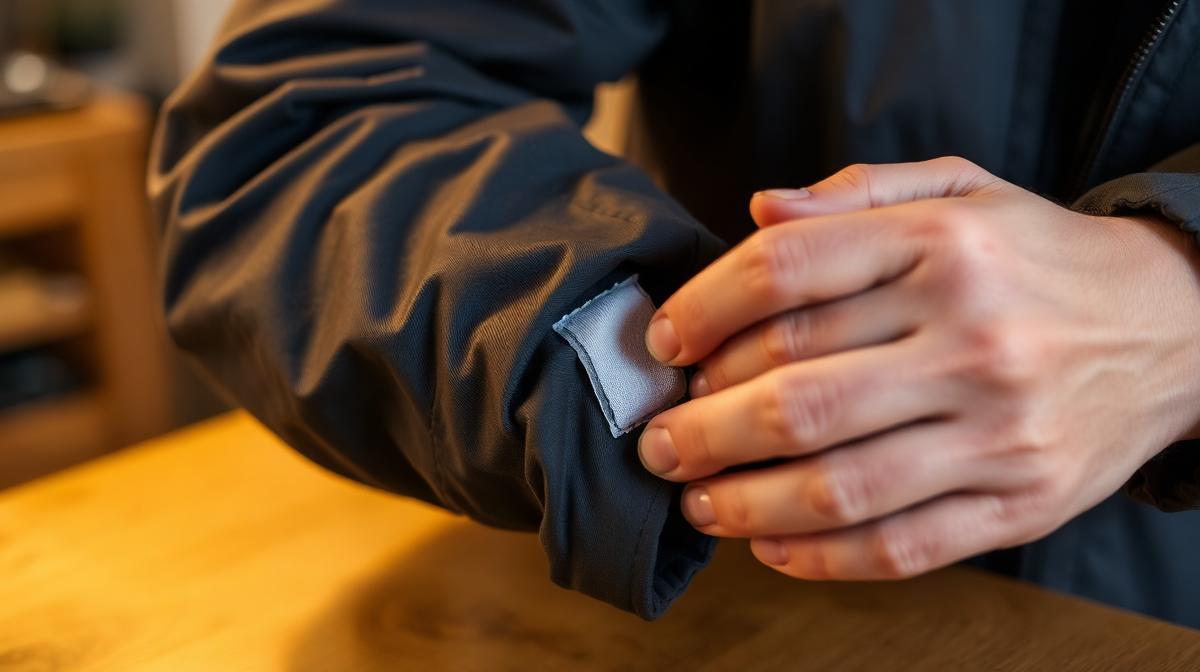 Riss in Jacke reparieren – Hand bringt Reparaturflicken auf gerissene Jacke auf