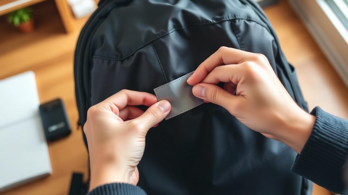 Rucksack reparieren – selbstklebender Flicken wird auf Loch im Rucksack aufgebracht