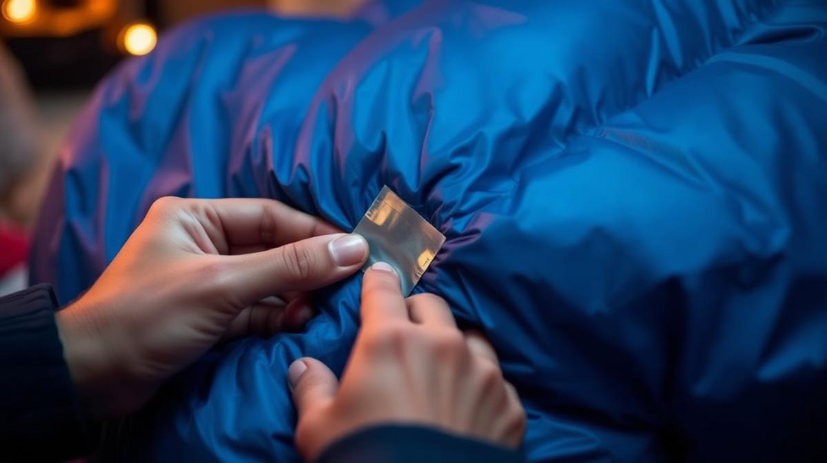 Schlafsack reparieren – Flicken wird auf Riss im Schlafsack geklebt