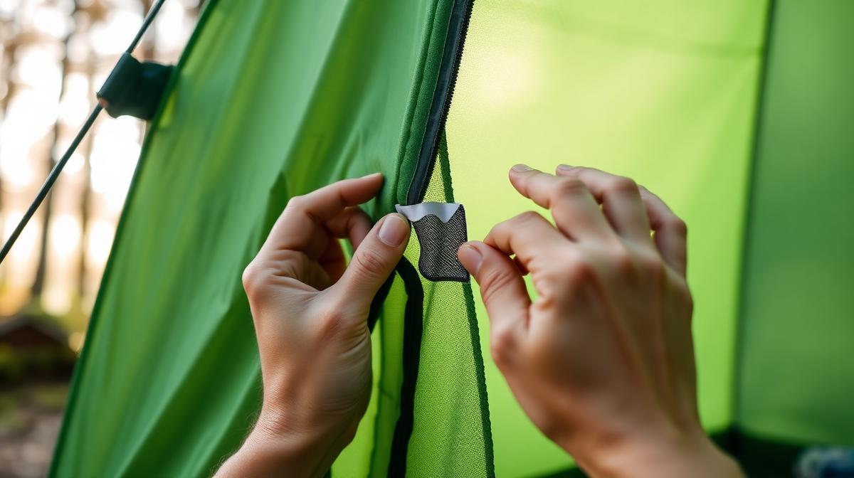 Zelt reparieren – selbstklebender Flicken wird auf Riss im Zelt aufgebracht